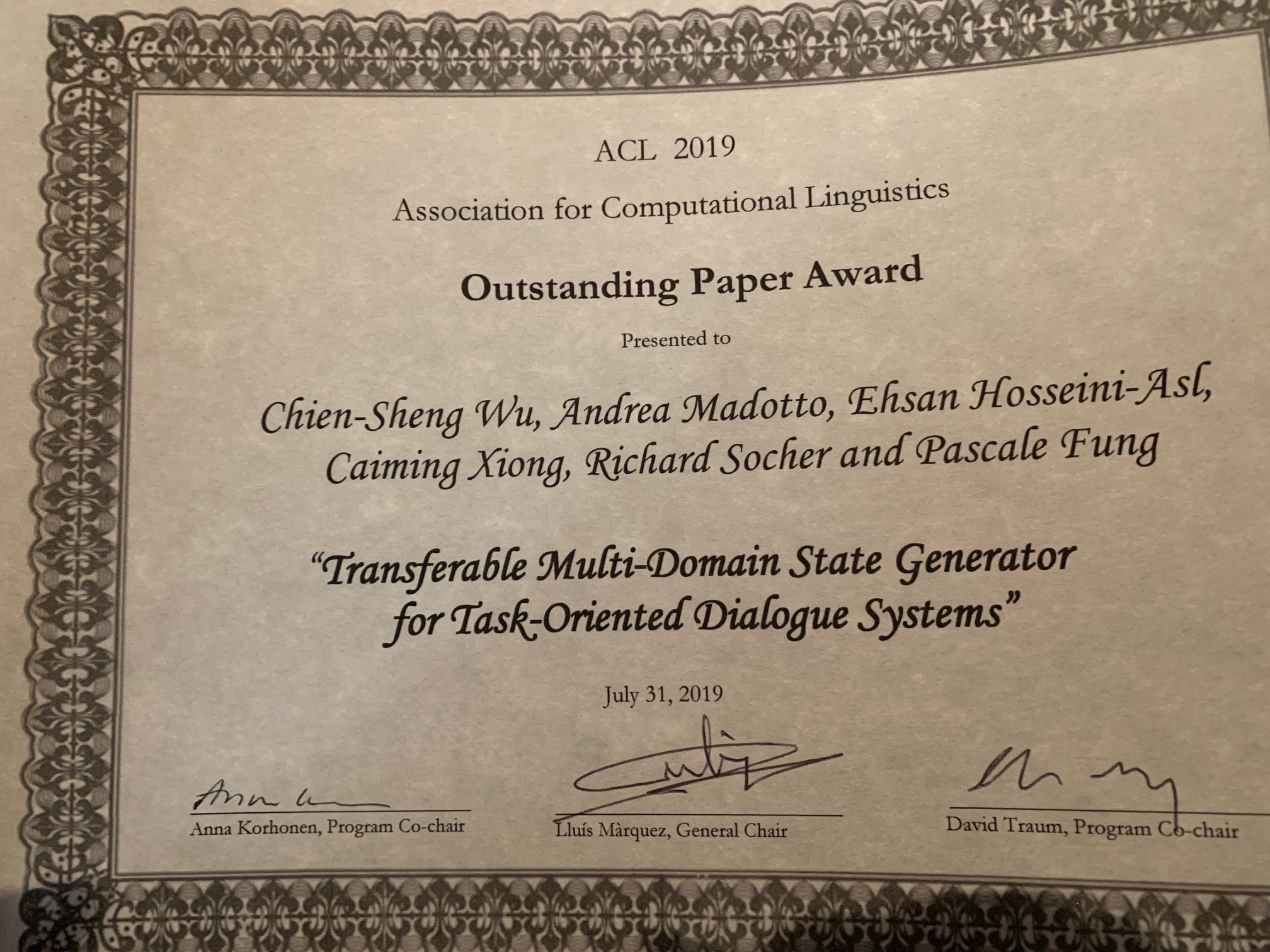 Prof. Pascale FUNG and Her Team Won Outstanding Paper Award at ACL 2019