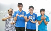 (from left) HKUST’s Prof Brian Mak and students – Kelvin Yung, Ken Lai and Mary Leung – demonstrating how to say “university of science and technology” in sign language.