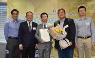 (From left) Head of ECE Department Prof. Bert Shi, Dean of Engineering Prof Tim Cheng, awardee Dr. Yu Xianghao, Prof. Wang Yu-Hsing, Chair of Engineering Research Committee, and Prof. Zhang Jun, advisor of Dr. Yu.