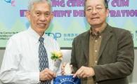 (From left) Mr Sam Tin, Chairman of the Board of Directors of the Foundation, and Dr Eden Y Woon, HKUST Vice President for Institutional Advancement, at the Opening Ceremony.