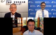 Prof. Tim CHENG (top left), Dean of Engineering, introducing Mr. Alfred CHUANG (bottom) as the guest speaker and Prof. Jack LAU (top right) as the moderator in the first edition of the HKUST Entrepreneurship Fireside Chat Series.