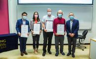 (From left) Prof. Terence Wong, Prof. Rhea Liem, Prof. Ross Murch, and Prof. Andrew Horner received the SENG Teaching Excellence Appreciation Award 2020-21 from Prof. Tim Cheng, Dean of Engineering.