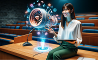 An AI-generated image portraying a learner exploring an aircraft engine with extended reality technology.