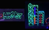 Photoluminescence of flexible full-color Fi-LEDs: I ♥ HKUST pattern (left) and “night scene” of Victoria Harbor showing color transition (right), built by mounting batches of fibers.