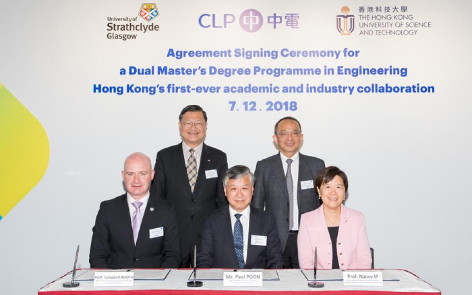 CLP Power Academy Vice Chancellor Mr. Paul Poon (middle), HKUST’s Vice-President for Research and Development Prof. Nancy Ip (right), and Head of the Department of Electronic and Electrical Engineering at the University of Strathclyde Prof. Campbell Booth (left) sign the agreement.