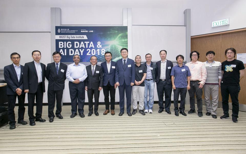 Distinguished local and overseas speakers and guests gather at the HKUST Big Data & AI Day to share knowledge and insight. They include (5th from left) HKUST Dean of Engineering Prof Tim Cheng; and (6th from left) former Secretary for Financial Services and the Treasury, HKSAR Government, and former Dean of Business and Management, HKUST, Prof KC Chan.