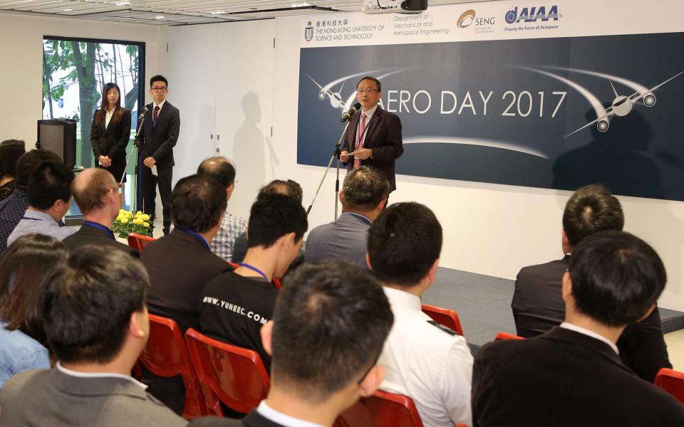 Prof Tim Kwang Ting Cheng, Dean of Engineering of HKUST, delivers remarks at the opening ceremony of HKUST Aero Day 2017. 