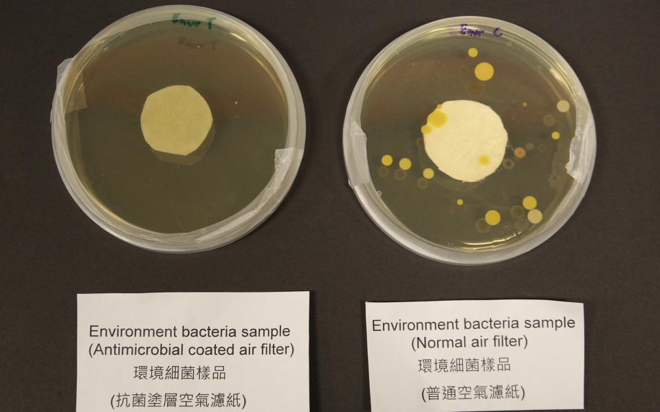 Environment bacteria sample of HKUST’s antimicrobial coated air filter (left) as compared to sample using normal air filter (right). 