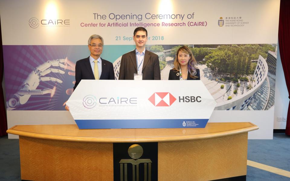 (From left) Prof Wei Shyy, Mr Amir Hoosain, Director of Asian Equity Strategy & Global Research, HSBC, a business partner of CAiRE, and Prof Pascale Fung.