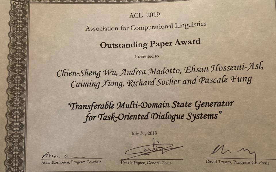 Prof. Pascale FUNG and Her Team Won Outstanding Paper Award at ACL 2019