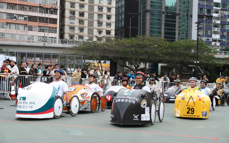  The race was going to begin: Pedal karts were positioned awaiting the starter’s gun.  