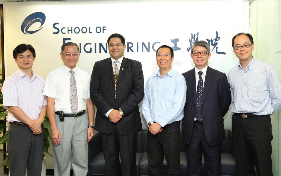 (From left) Prof Charles Ng, Associate Dean of the School, Mr Ng Sui Kou, Prof Khaled Ben Letaief, Dean of the School, Mr Bobby Yip, Ir Dr Andrew Chan and Prof Roger Cheng, Associate Dean of the School