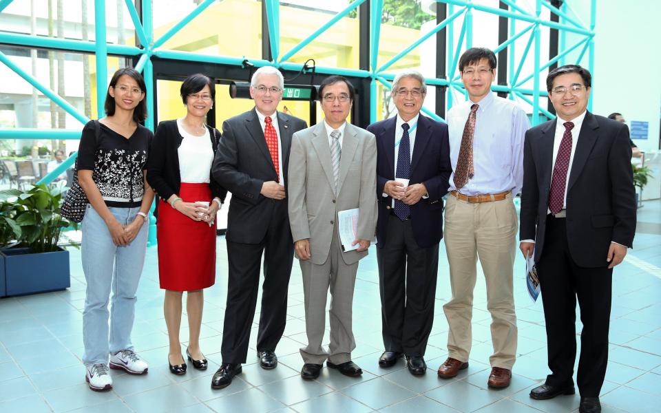 A photo taken during the break of the symposium, from left to right: Ms Melody Mak, Prof Ping Gao, Prof Phillip R Westmoreland, Prof Chi-Ming Chan, Prof Otto Lin, Prof Furong Gao, and Prof Guohua Chen