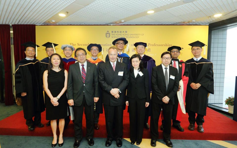 (From left,second row) Prof Xiuli Chao, Prof Xin Zhang, Prof Joseph Lee, President Prof Tony Chan, Prof Wei Shyy, Dr Eden Woon, ProfJitendra V Singh, Prof Qiang Yangand donors for the named professors: (from Left, front row) Ms Laura Lau of The Swire Group Charitable Trust, Prof Lap-chee Tsui of Victor and William Fung Foundation, Mr Hans Michael Jebsen of Jebsen Group and Ms Gemma Wong and Mr M K Lee of Wong Check She Charitable Foundation at the inauguration ceremony.