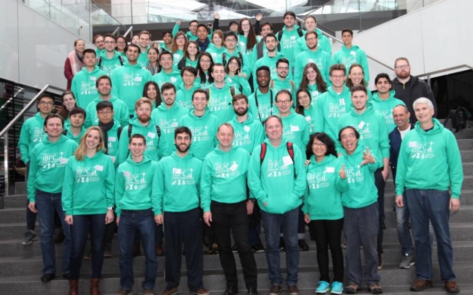 Group photo of 48 students and 8 mentors at Adidas research center