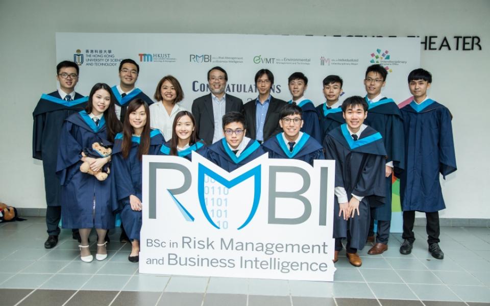 Graduates of Risk Management & Business Intelligence Program (RMBI) took photo with our faculty members: (from third left to right at the back row) Dr. Jean WANG, UG Coordinator of RMBI, Prof. King L. CHOW, Director of IPO and Prof. Raymond WONG, Director of RMBI