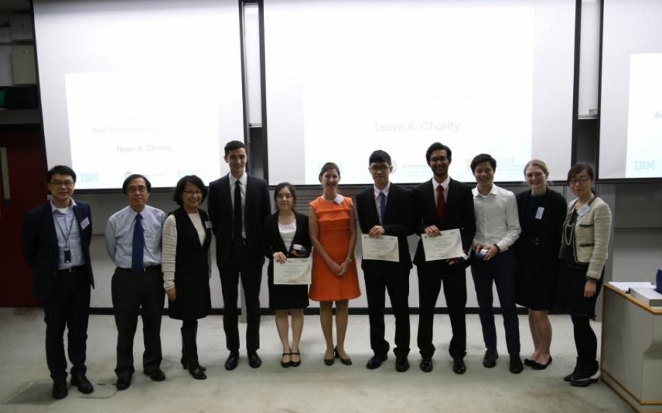 The winning team together with professors took photo with guests from Hong Kong Jockey Club and IBM Global Business Services