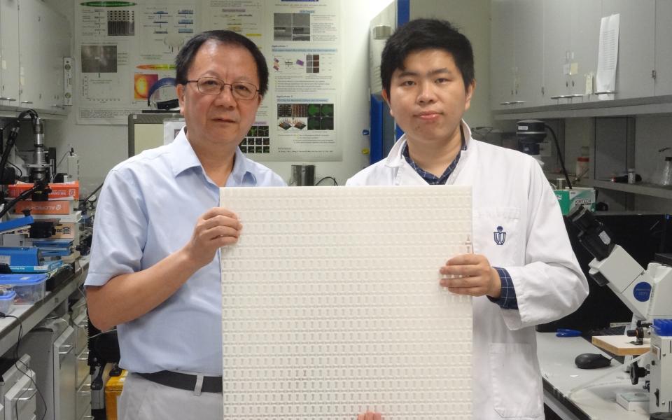 Prof. WEN Weijia (right) and Dr. WU Xiaoxiao present the experimental samples used to observe "type-II" Dirac cones.