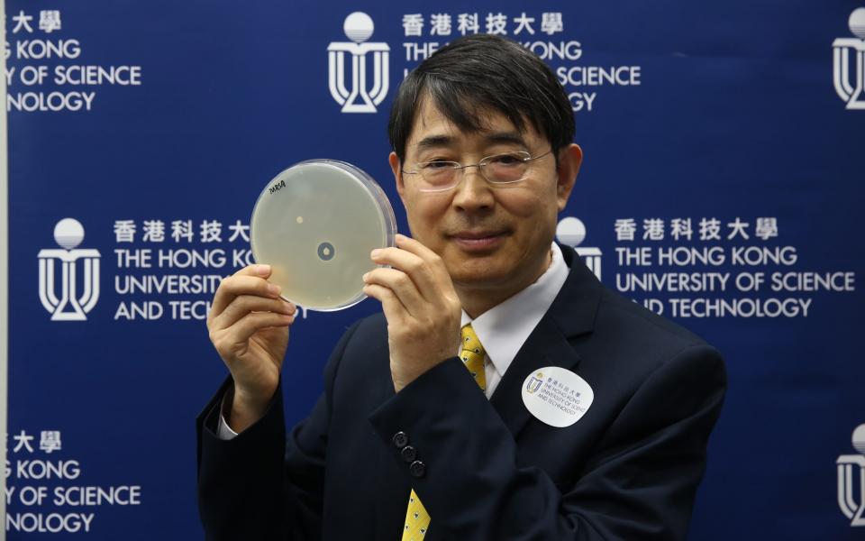 The specimen held by Prof Qian is peptide antibiotics already broken down by DRPs (the dot without the ring around it).