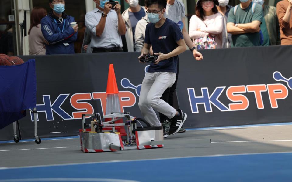 A student drove the basketball robot.