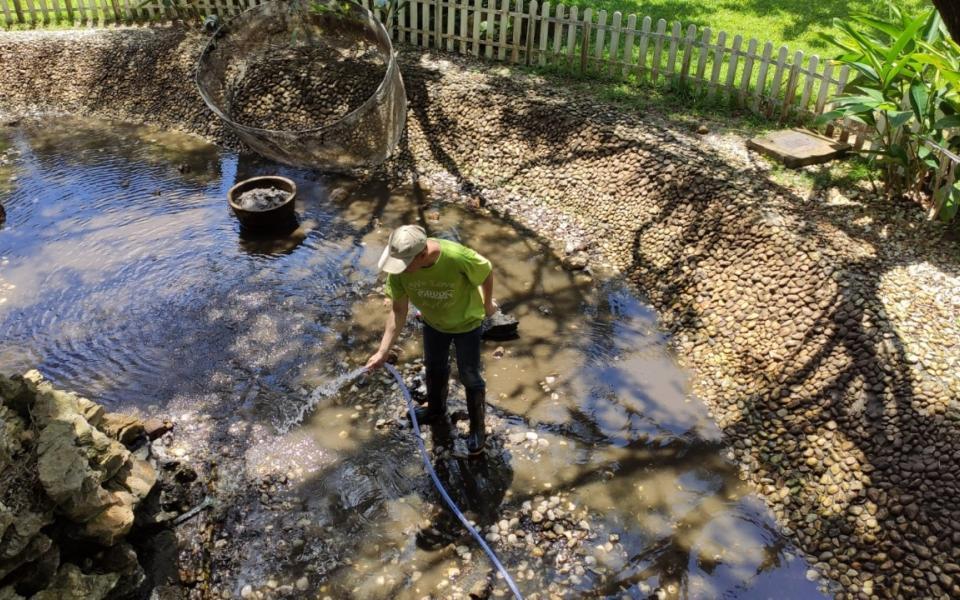 A landscape architect enhanced the planting design with rock arrangements, removed the unsightly white fence, and incorporated a water sculpture. 