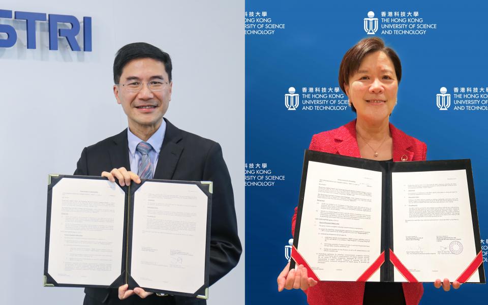 (From left) Dr. Denis YIP, Chief Executive Officer of ASTRI, and Prof. Nancy IP, Vice-President for Research and Development at HKUST, sign a MoU on collaborating on new R&D projects by leveraging patented technologies from both parties.