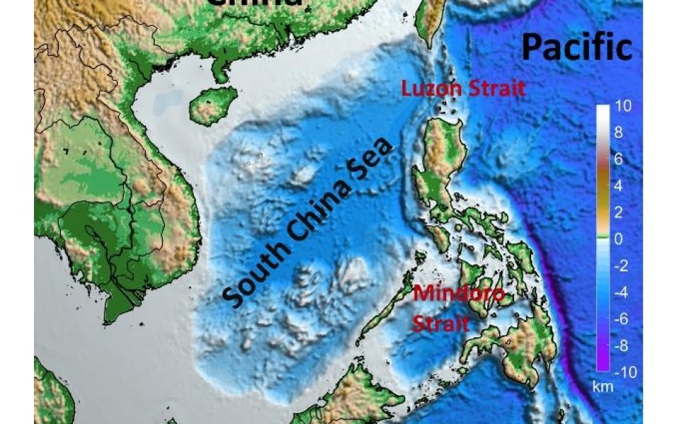 Geographical location and bathymetry of the South China Sea.