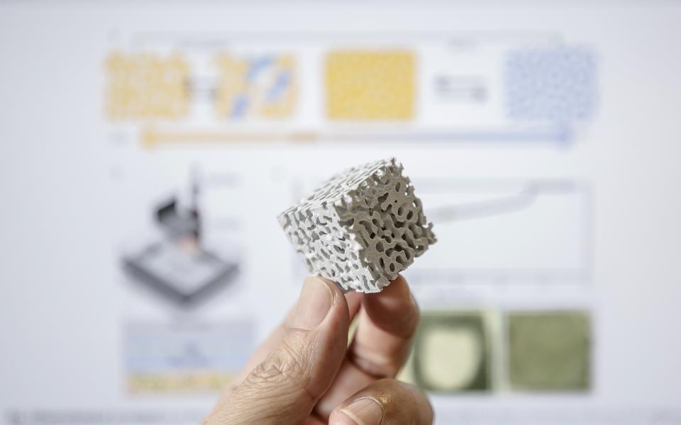 A 3D model of the nanoporous structure in the zinc electrode, magnified by 10,000 times for the visualization.