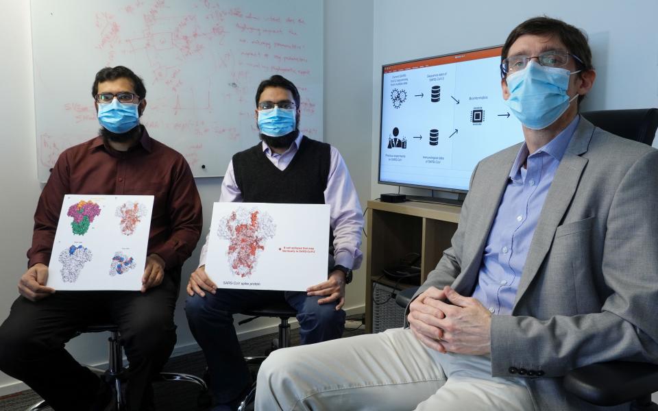 The research team (from right) – Prof. Matthew McKay, Professor at HKUST’s Department of Electronic & Computer Engineering and Department of Chemical & Biological Engineering; Dr. Ahmed Abdul Quadeer, Research Associate at the Department of Electronic & Computer Engineering; and Mr. Syed Faraz AHMED, PhD student – recently identified a set of potential vaccine targets which could be helpful for the development of a vaccine against the SARS-CoV-2 coronavirus.