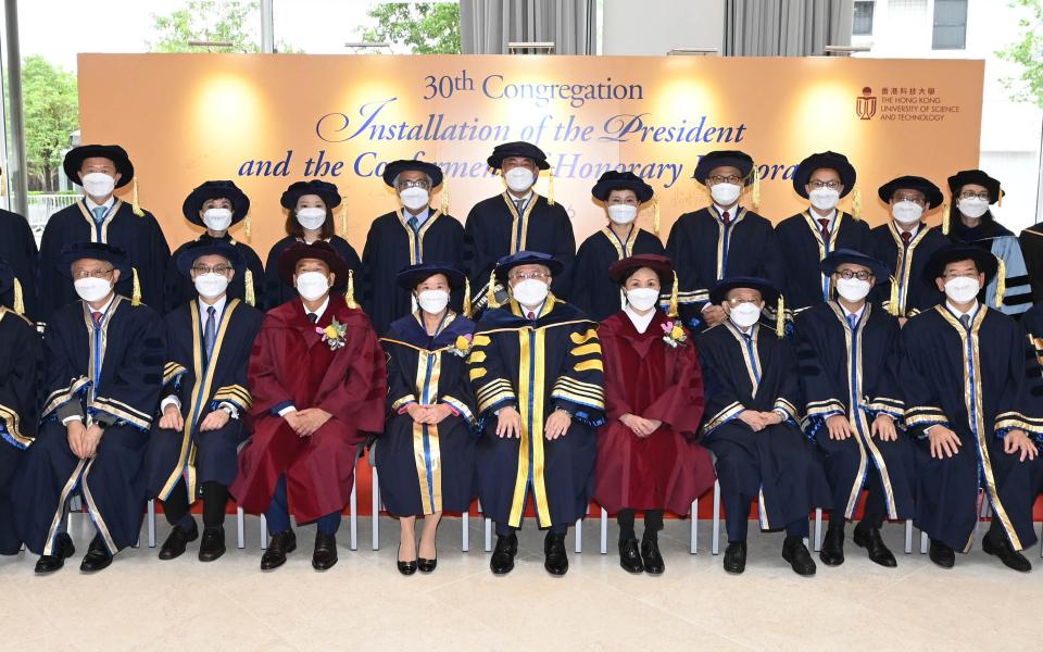 A group photo of HKUST Council Chairman the Hon. Andrew LIAO Cheung-Sing (front row, middle), HKUST Court Chairman Dr. John CHAN Cho-Chak (front row, fourth right), University Treasurer Mr. Stephen YIU Kin-Wah (front row, third left), HKUST President Prof. Nancy IP (front row, fifth left), the two Honorary Doctorate recipients Dr. WANG Xiaodong (front row, fourth left) and Ms. YIP Wing-Sie (front row, fifth right) and other Council members taken before the conferment