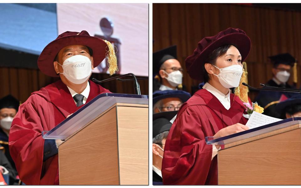 (From left) The two Honorary Doctorate recipients Dr. WANG Xiaodong and Ms. YIP Wing-Sie address the ceremony