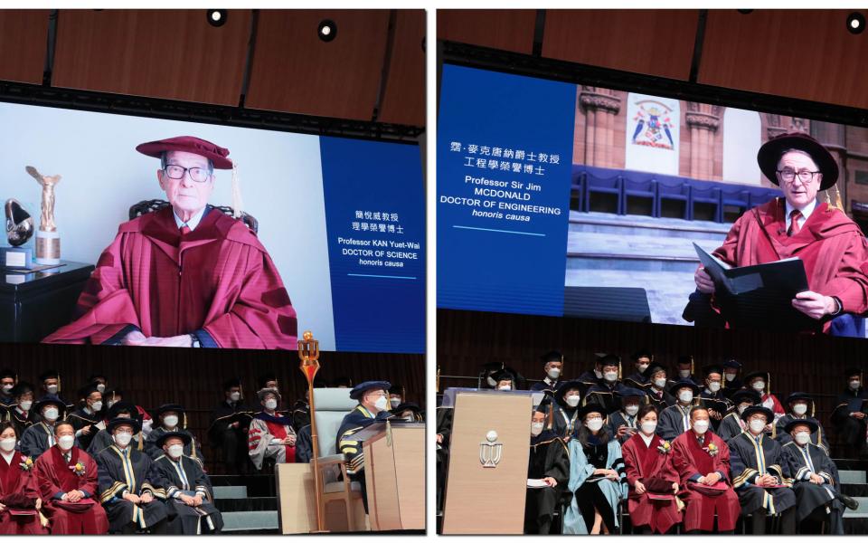 (From left) The two Honorary Doctorate recipients Prof. KAN Yuet-Wai and Prof. Sir Jim MCDONALD, address the ceremony virtually