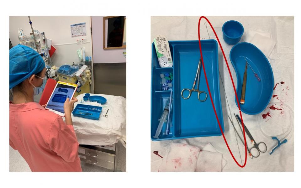 (Left) The new technology helps the medical staff identify the guidewires by simply taking a photo of all the medical instruments with a smart phone or tablet.  (Right) The AI image-based system then could accurately detect guidewires (as indicated by the circle) from other medical instruments using object recognition and data augmentation techniques.