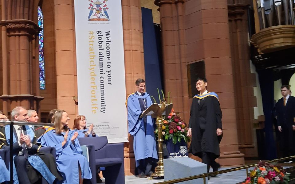 Binnie received his MSc degree with distinction at the graduation ceremony of the University of Strathclyde, which was held at Barony Hall in early November.