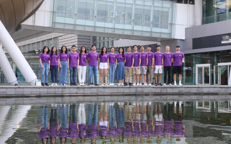 Prof. Terence Wong (fourth from left) and his team pose for a photo at the Hong Kong Science Park, where their start-up’s office is situated. 