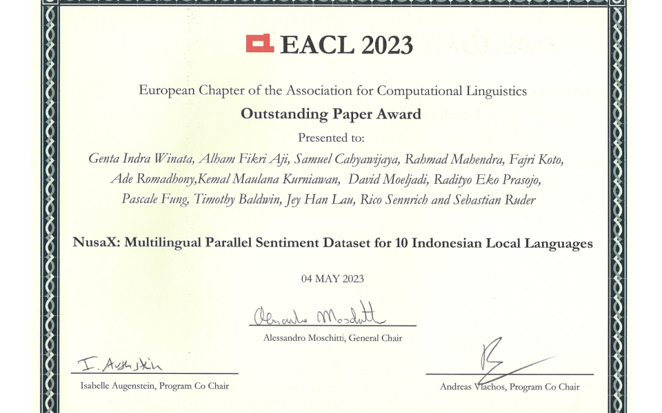 Prof. Pascale Fung’s team won an Outstanding Paper Award at EACL 2023.