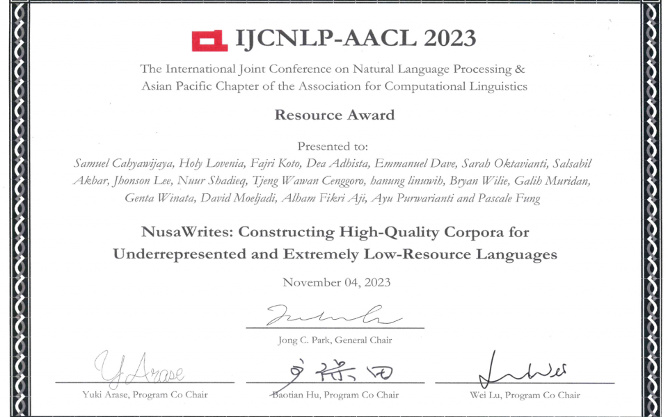 Prof. Pascale Fung’s team won the Resource Award at IJCNLP-AACL 2023.