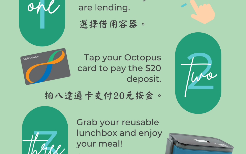 Simply select a container from the Borrow machine outside the LG1 catering outlet or Passion restaurant. Then, tap the Octopus card to pay the HKD20 deposit to grab your lunchbox.