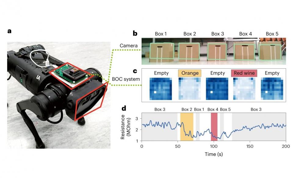 (a) Configuration of Prof. Fan’s biomimetic olfactory chip (BOC) system installed on a robot dog for blind box differentiation. (b) Recognition of boxes by computer vision, that is, the camera. (c) Recognition result of the BOC system. (d) Real-time recorded resistance signal of a sensor