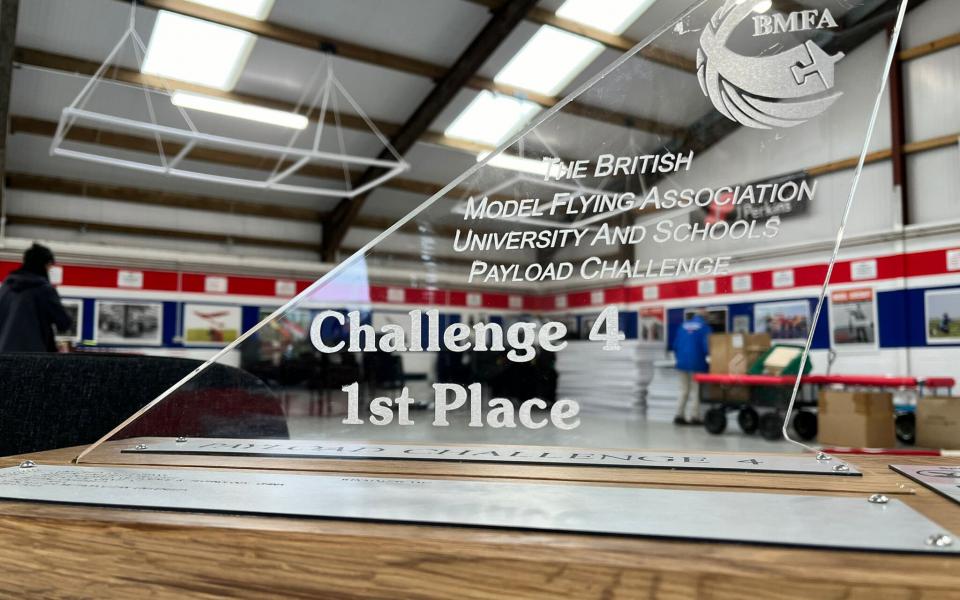 The 1st place award trophy in the Quantity Challenge of the BMFA Payload Challenges 2024.