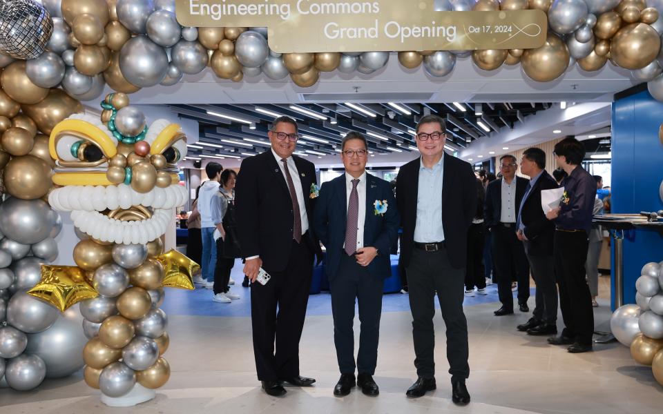 Officiating guests at the grand opening of the Engineering Commons: President Prof. Nancy Ip (third left), Provost Prof. Guo Yike (first right), Vice-President for Research and Development Prof. Tim Cheng (second right), Dean of Engineering Prof. Hong K. Lo (second left), former Dean of Engineering Prof. Khaled B. Letaief (first left), and Director of the Center for Engineering Education Innovation (E2I) Prof. Henry Lam (third right).