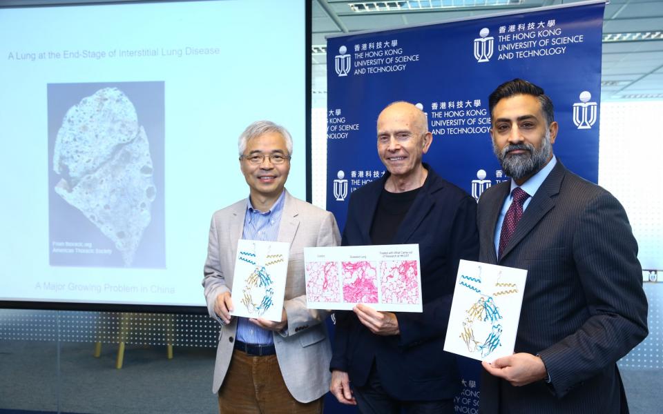 HKUST Chair Professor of the Division of Life Science and project coordinator of the Pangu collaboration Prof. ZHANG Mingjie (left); Co-founder and Director of aTyr Pharma and Senior Visiting Fellow at HKUST’s Institute for Advanced Study Prof. Paul SCHIMMEL (middle) and President and CEO of aTyr Dr. Sanjay SHUKLA (right) introduce how aTyr1923 can modulate interstitial lung disease.