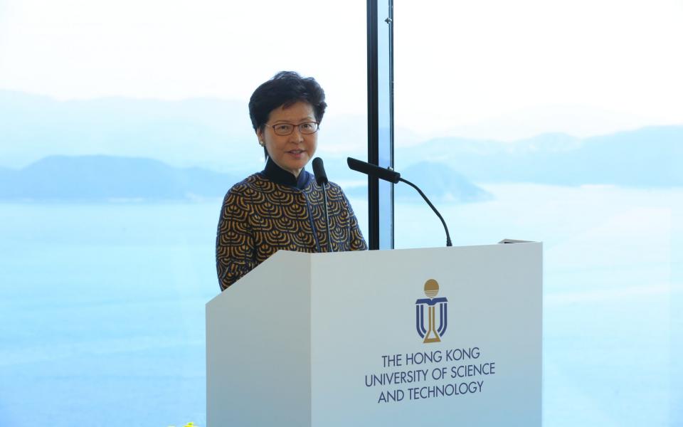 Chief Executive Mrs. Carrie Lam delivers a speech at the ceremony.