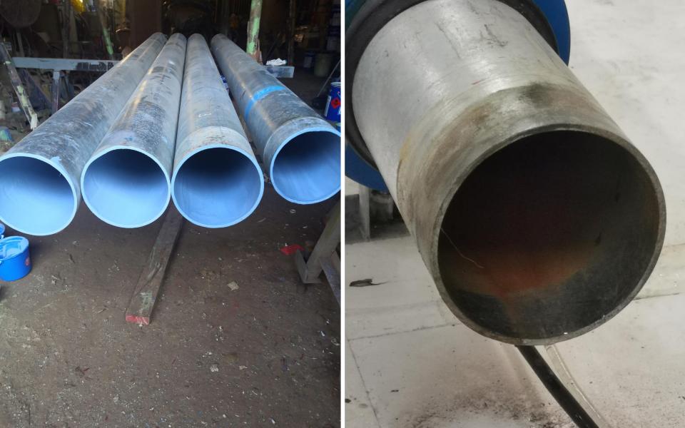 Water pipes (left) with MAP-1 coating and water pipe (right) without.