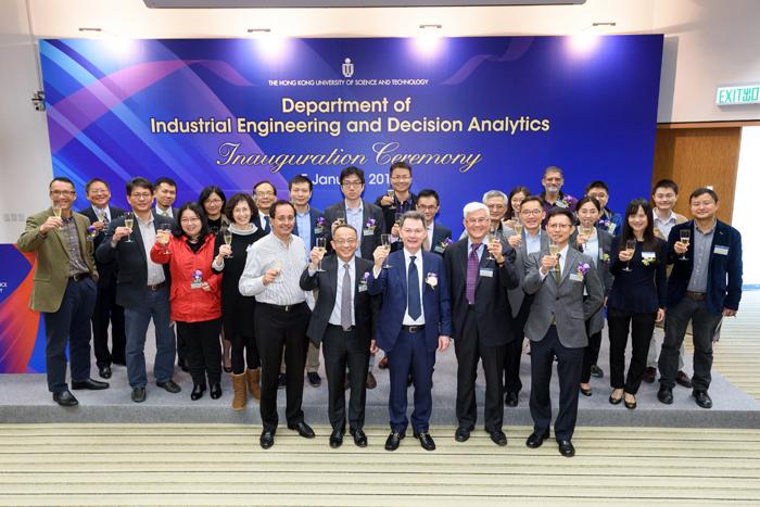 (From left, front row) IEDA’s Academic Advisory Board member – Prof David Simchi-Levi of Engineering Systems at Massachusetts Institute of Technology, Dean of Engineering Prof Tim Cheng, IEDA Head and Crown Worldwide Professor of Engineering Prof Guillermo Gallego, K.T. Li Chair Professor of Engineering at Stanford University Prof Ye Yinyu and IELM former Head Prof Tsung Fugee celebrate at the department’s inaugural ceremony with other faculty and staff members.