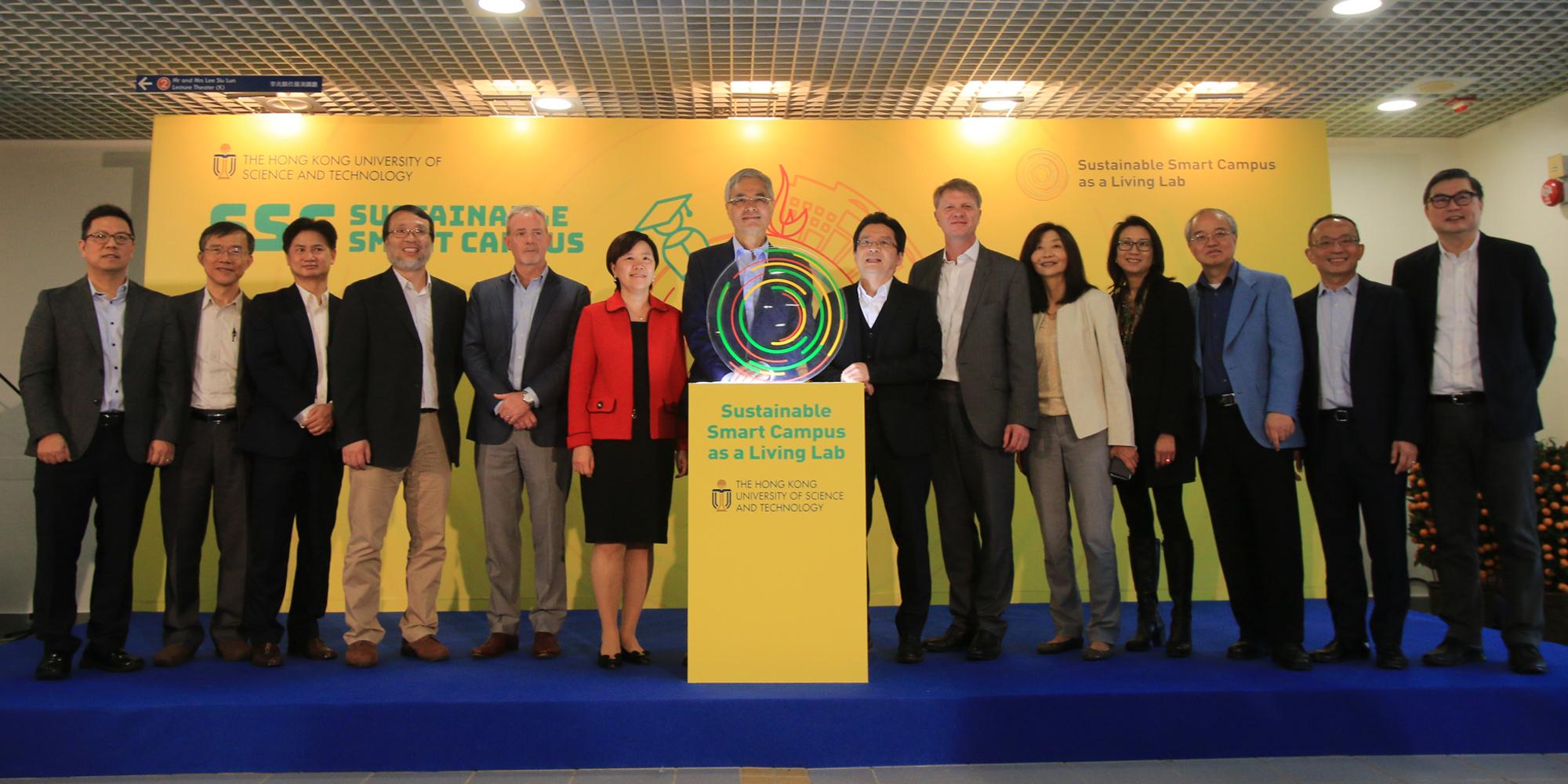 From left: Director of HKUST’s GREAT Smart Cities Center Prof. Lo Hong-Kam, Associate Vice-President for Knowledge Transfer and Dean of HKUST Fok Ying Tung Graduate School Prof. Enboa Wu, Associate Vice-President for Research & Development Prof. Charles Ng, Director of Interdisciplinary Programs Office and Acting Dean of Students Prof. King Chow, Head of HKUST’s Sustainability Unit Mr. Davis Bookhart, Vice-President for Research & Development Prof. Nancy Ip, President Prof. Wei Shyy, Acting Provost Prof. Po