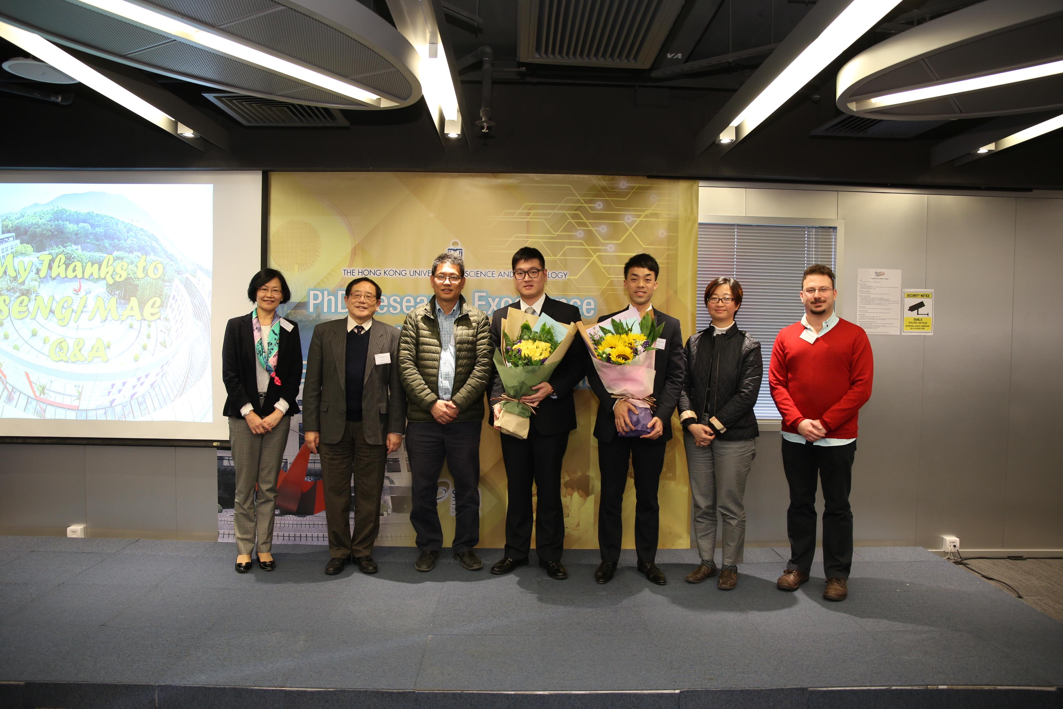 At the award ceremony: (from left) Prof Ping Gao, Department of Chemical & Biomolecular Engineering; Prof Tongxi Yu, Acting Dean of Engineering; Prof Christopher Chao, Head of Department of Mechanical & Aerospace Engineering and Edwin’s supervisor; Dr Edwin Chi Yan Tso; Dr Langston Wai Leung Suen; Prof Ying Chau, Department of Chemical & Biomolecular Engineering and Langston’s supervisor; Mr Enis Terzioglu, School of Engineering MPhil student and emcee of the ceremony