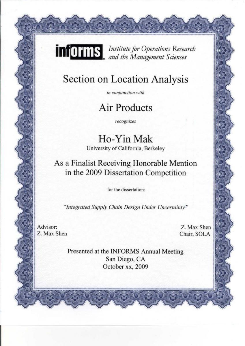 Prof Ho-Yin Mak Received Honorable Mention