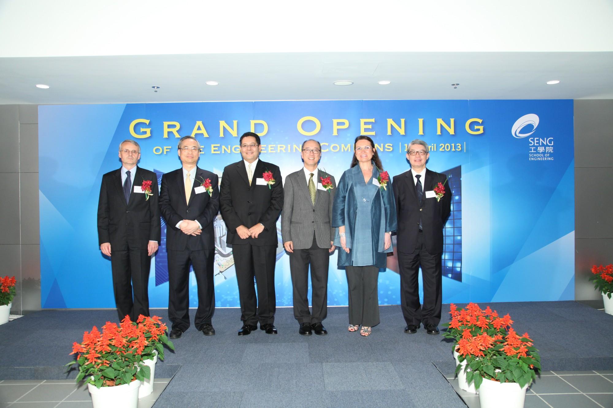 Speakers of Industrial Forum (from left) Mr Christopher Gibbs, Engineering Director, Cathay Pacific Airways Limited; Mr Henry Leung Kwong-hang, Executive Director and Chief Operating Officer, Gold Peak Batteries International Limited; Prof Khaled Ben Letaief, Dean of Engineering of HKUST; Prof Tony F Chan, President of HKUST; Ms Umran Beba, President of Asia Pacific Region, PepsiCo and Ir Dr Andrew KC Chan, Deputy Chairman, Arup Group. 