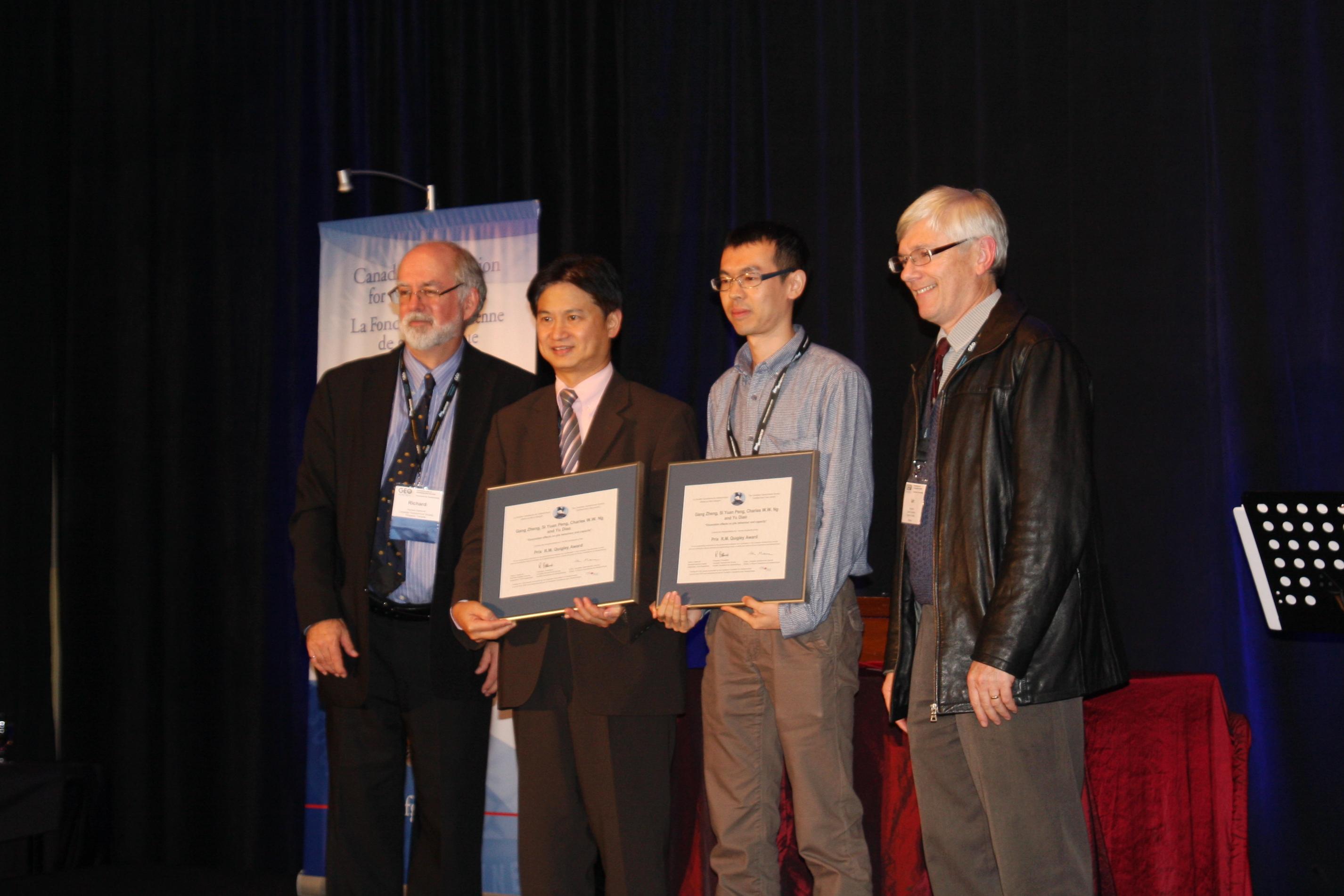 (From left to right) Prof Richard Bathurst, President of Canadian Geotechnical Society, Prof Charles Ng, Dr S Y Peng and Prof Ian Moore, Editor of the Canadian Geotechnical Journal at the award presentation ceremony held on 1 Oct 2013 in Montreal, Canada. 